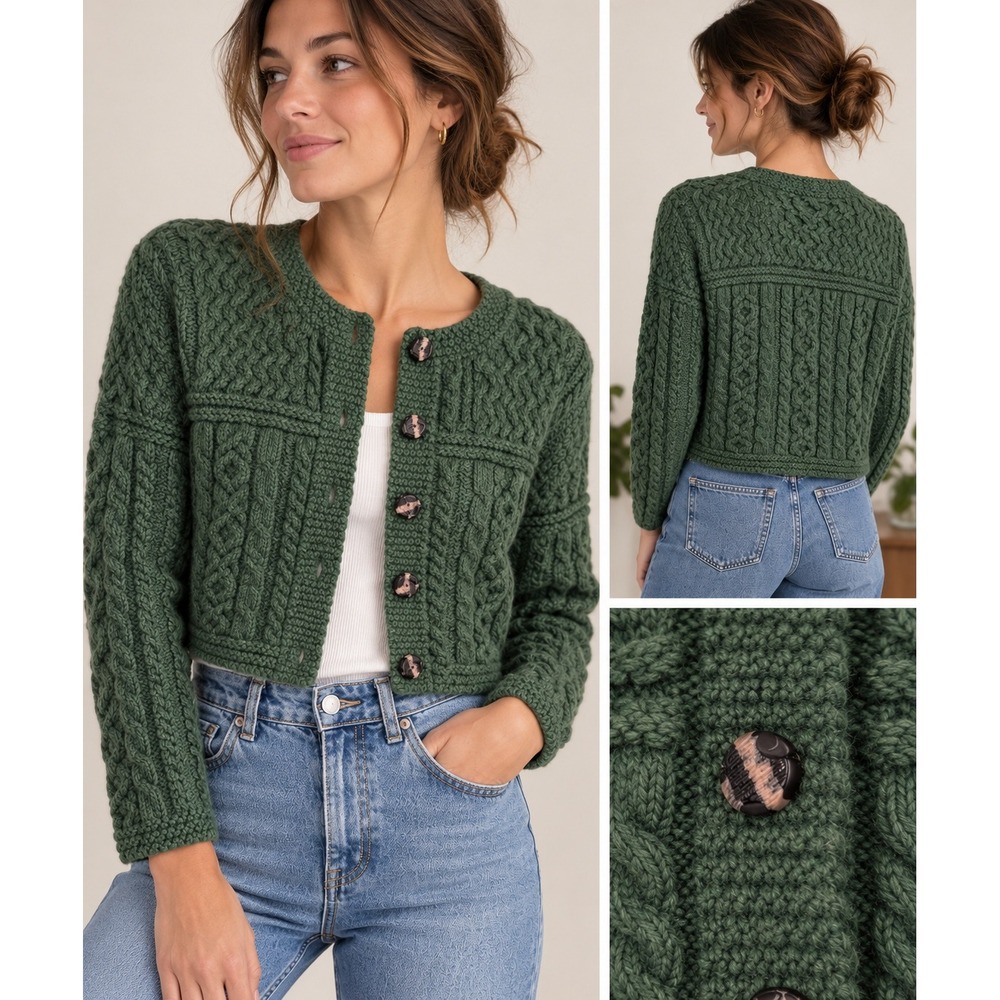 Carraig Donn Aran Cardigan Small Green Merino Wool Cropped Cable Knit Ireland